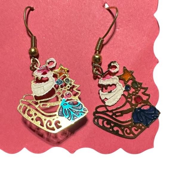 Vintage Santa Claus Sleigh Gold Tone Christmas Earrings Dangle - Picture 4 of 6